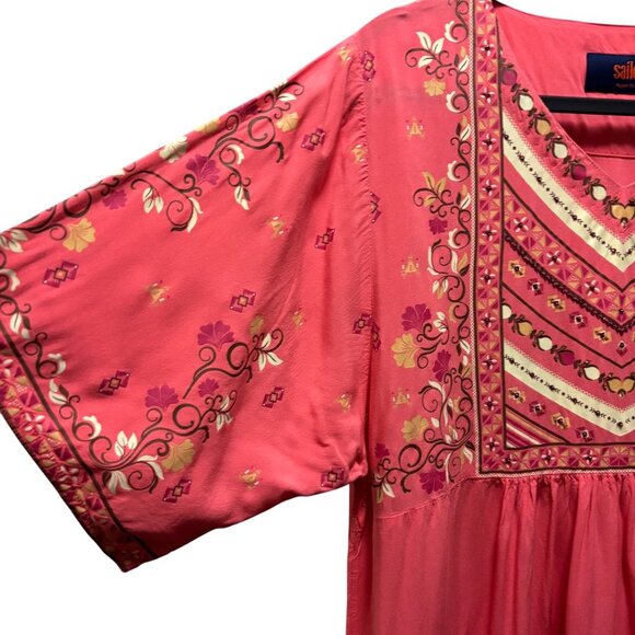 Sailor Womens Embroidered Rayon Boho Tunic Dress Pink XL Regular Fit - Picture 5 of 7